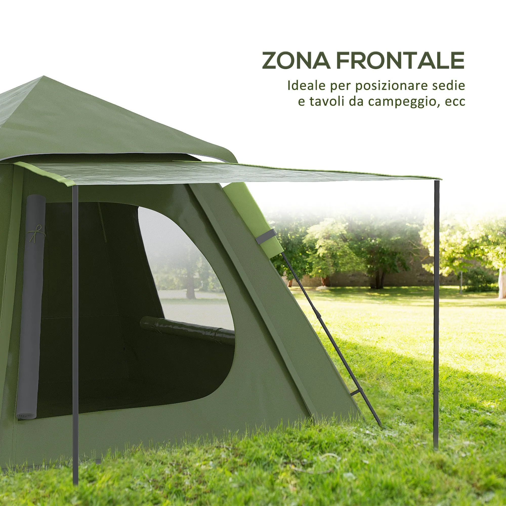 2-Person Camping Tent with Veranda, Windows and Zippered Door, 210x210x150 cm, Green