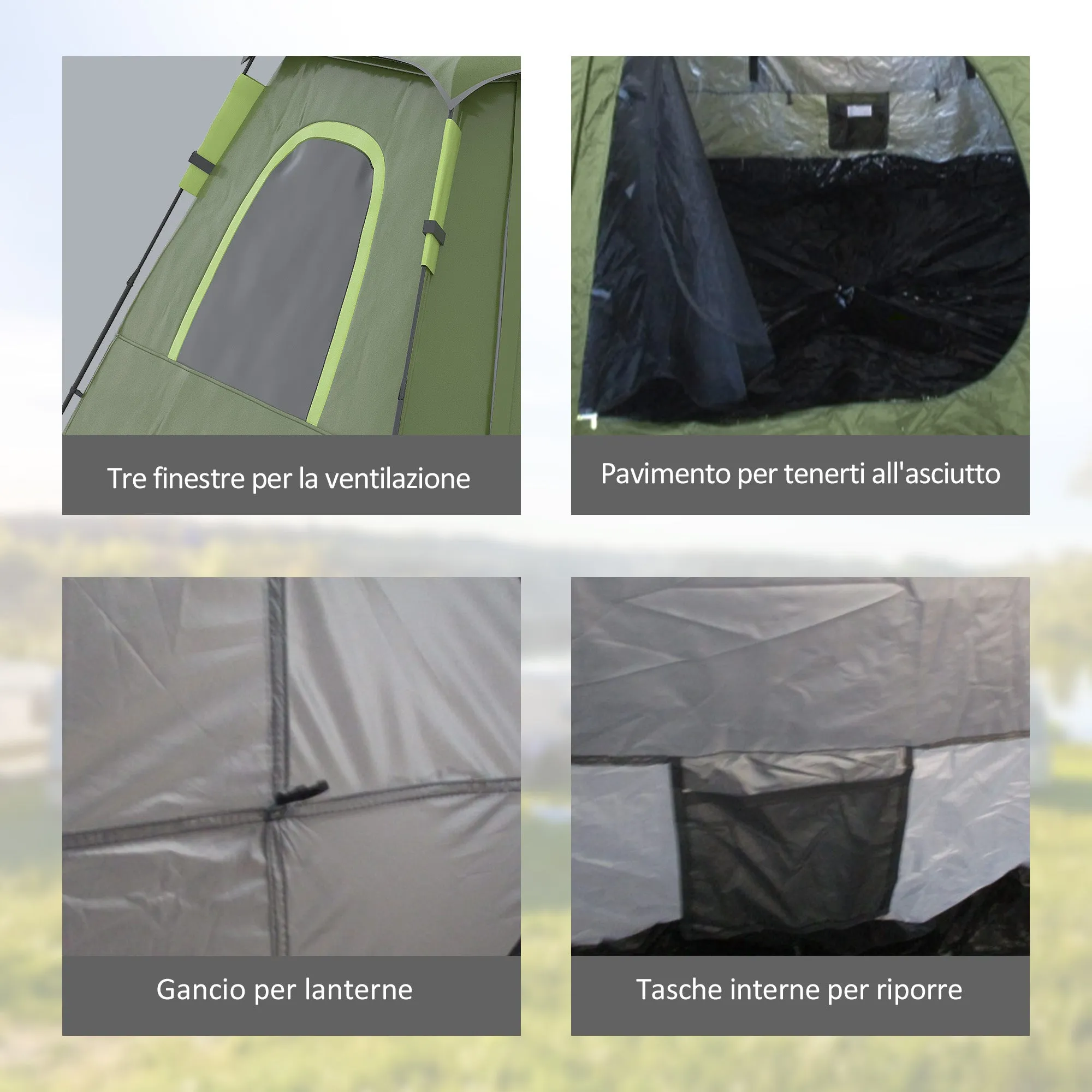 2-Person Camping Tent with Veranda, Windows and Zippered Door, 210x210x150 cm, Green