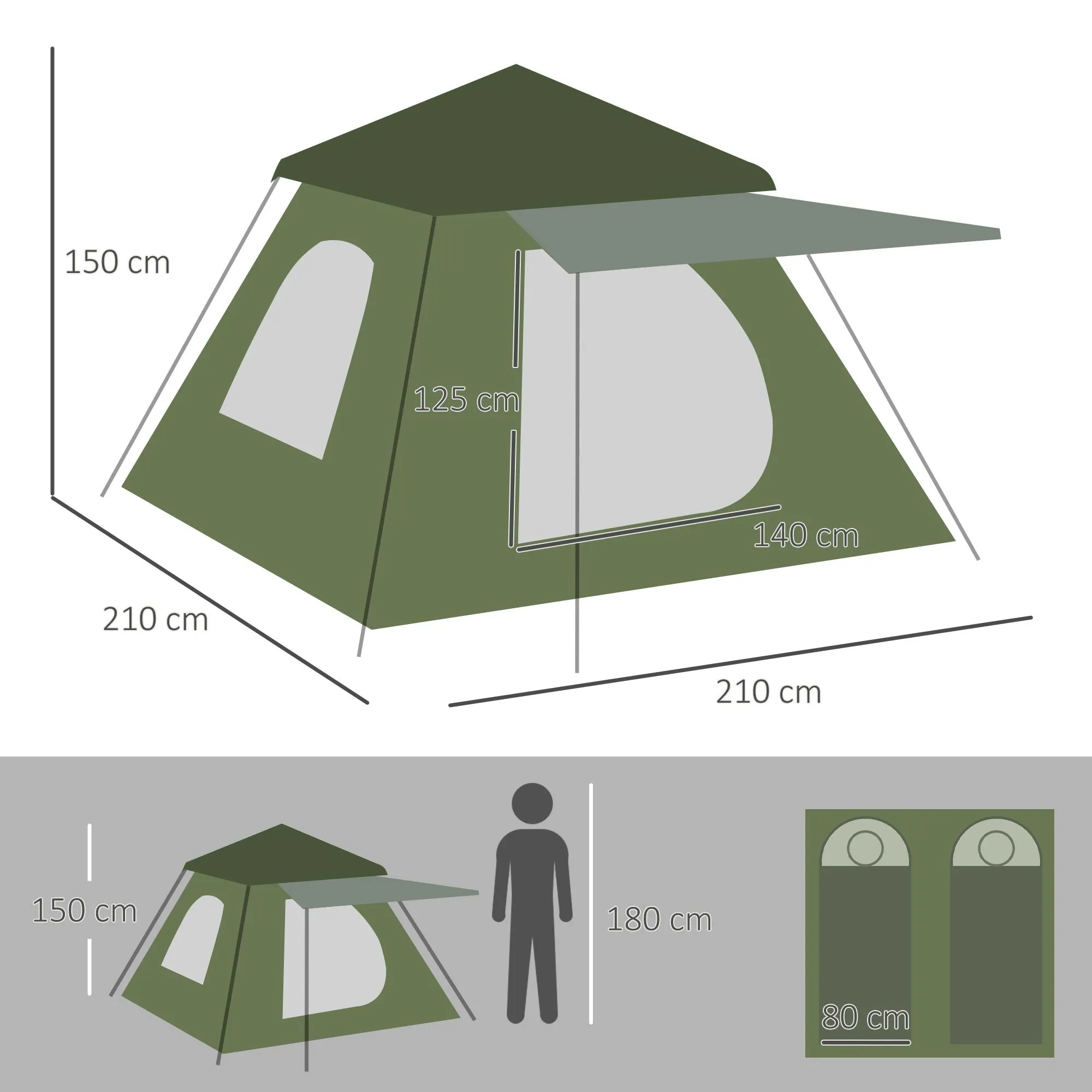 2-Person Camping Tent with Veranda, Windows and Zippered Door, 210x210x150 cm, Green