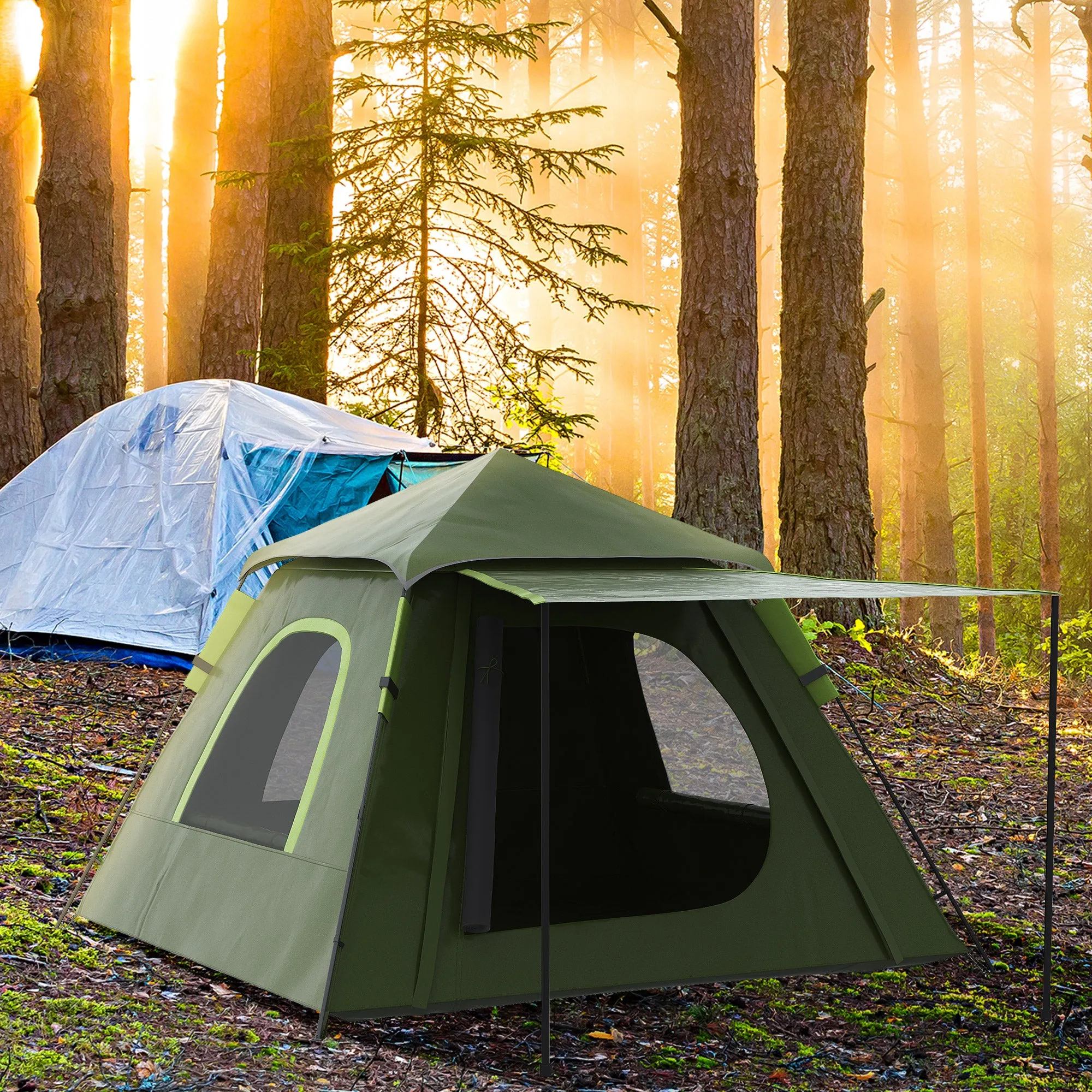 2-Person Camping Tent with Veranda, Windows and Zippered Door, 210x210x150 cm, Green