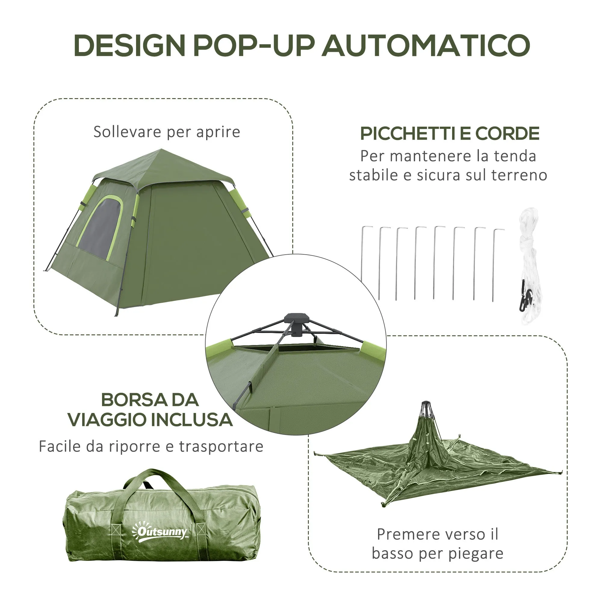 2-Person Camping Tent with Veranda, Windows and Zippered Door, 210x210x150 cm, Green
