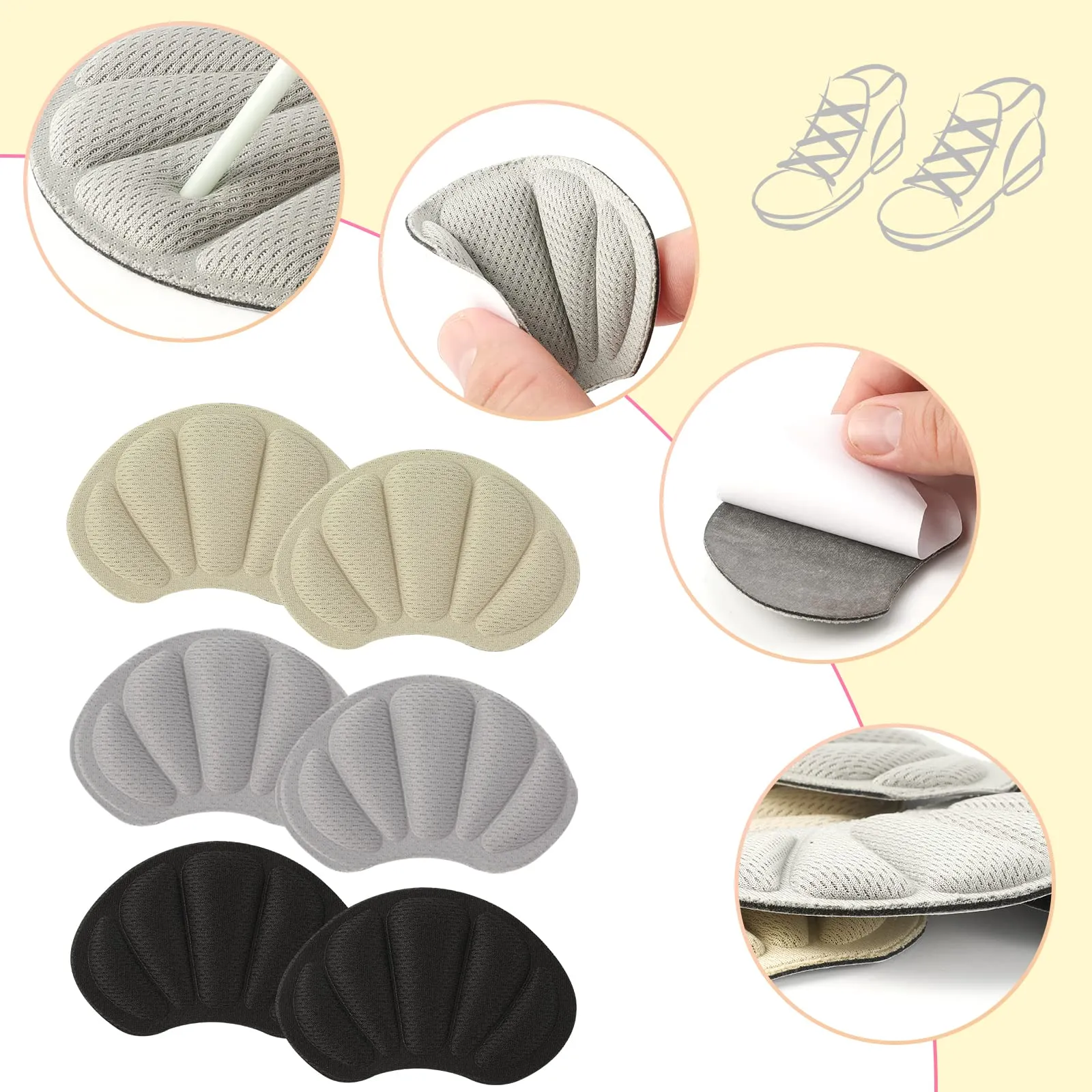 6pcs Sponge Heel Sticker Comfortable Sponge Heel Pad Self-Adhesive Shoe Protector Heel Grip, Suitable for Most Shoes for Women and Men (Beige, Black, Grey)
