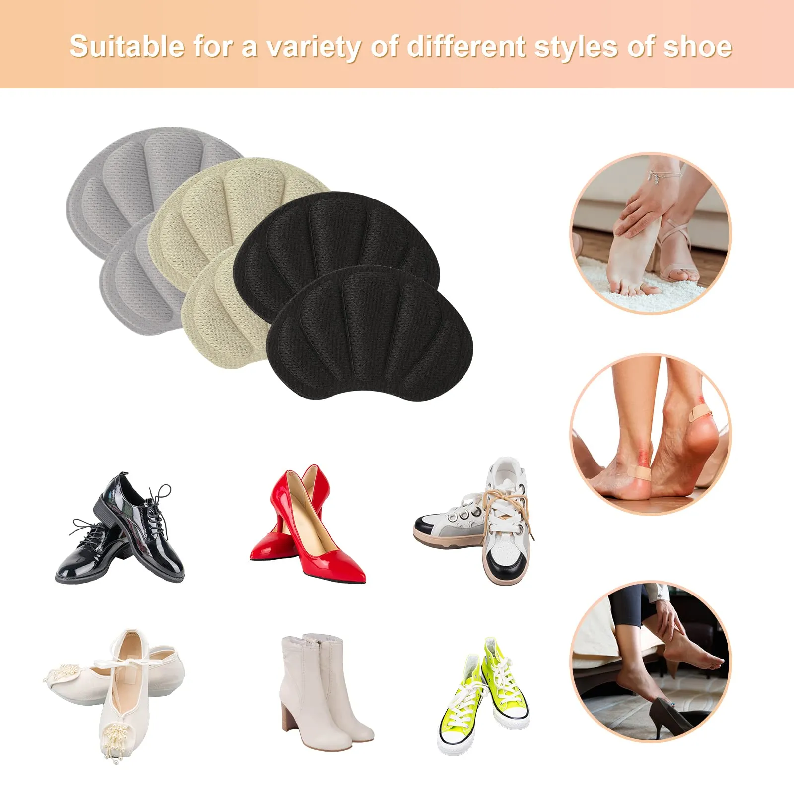 6pcs Sponge Heel Sticker Comfortable Sponge Heel Pad Self-Adhesive Shoe Protector Heel Grip, Suitable for Most Shoes for Women and Men (Beige, Black, Grey)