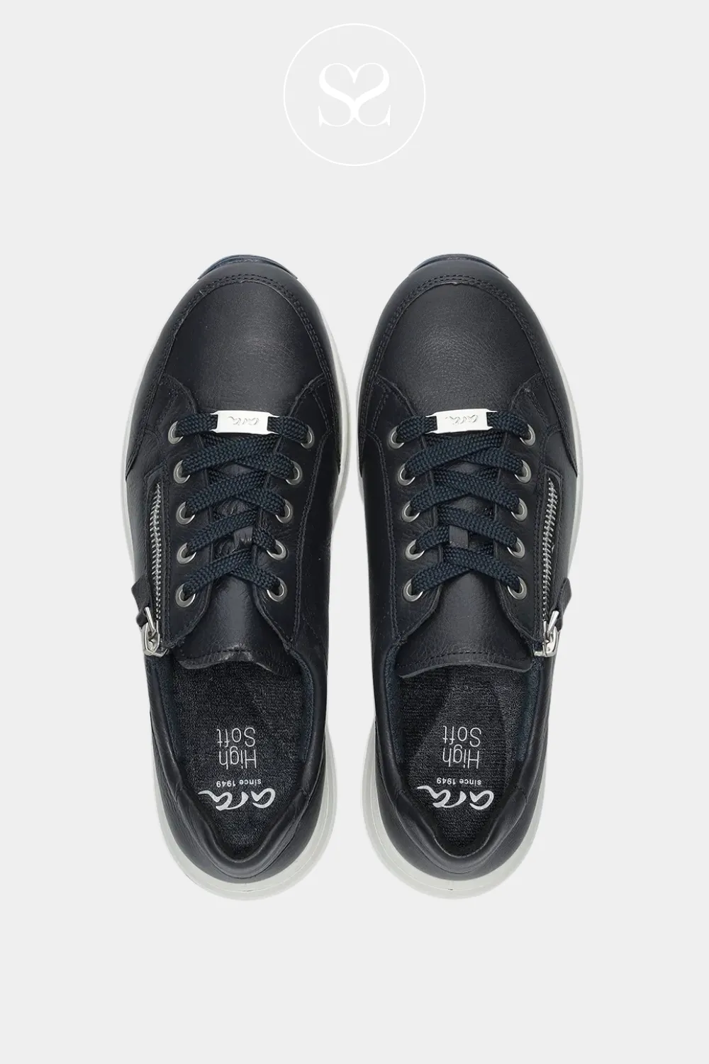 ARA 12-24801 NAVY LEATHER WEDGE TRAINERS