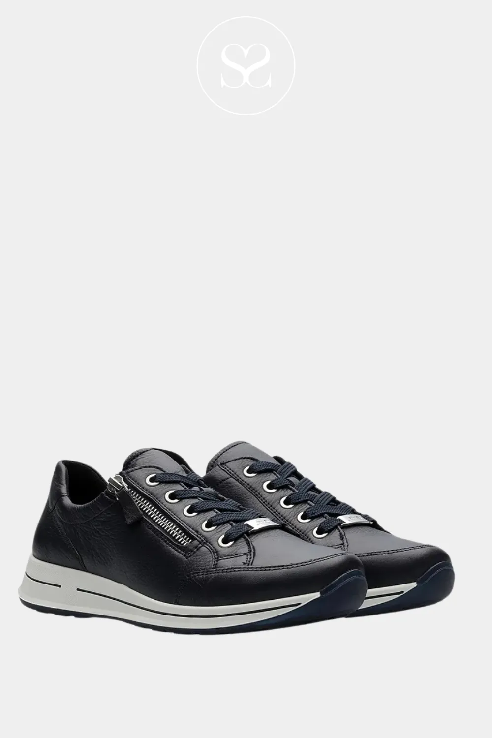 ARA 12-24801 NAVY LEATHER WEDGE TRAINERS