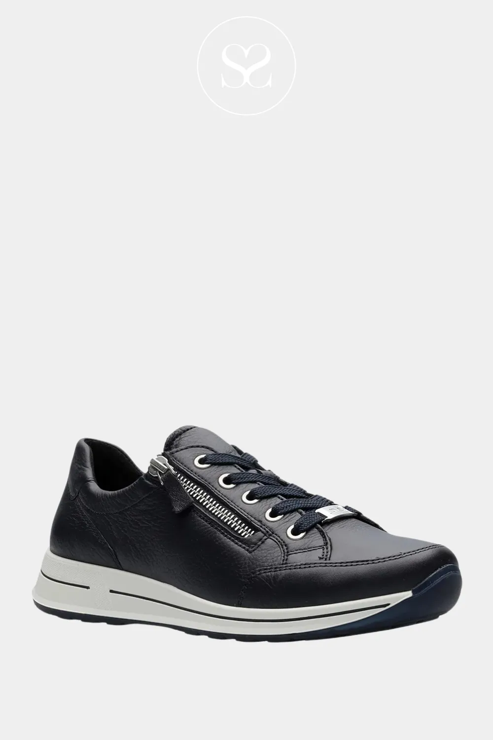 ARA 12-24801 NAVY LEATHER WEDGE TRAINERS