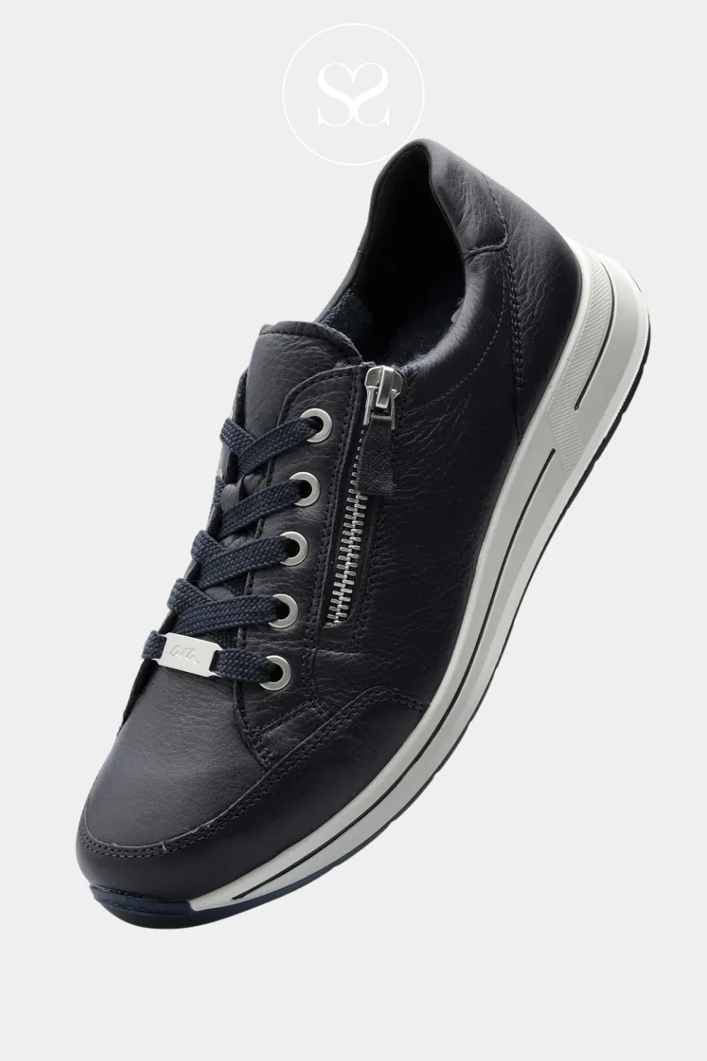 ARA 12-24801 NAVY LEATHER WEDGE TRAINERS