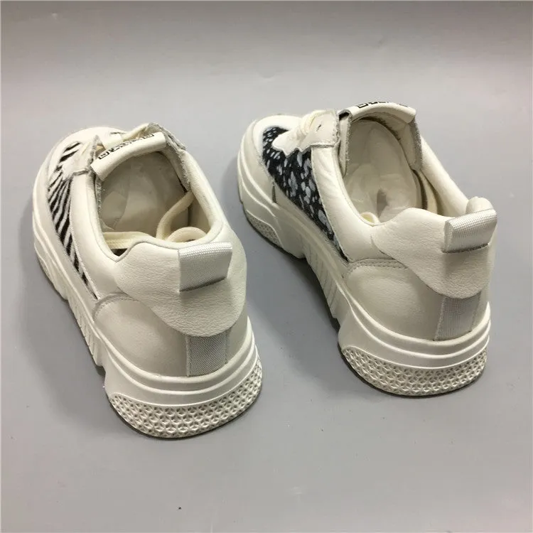 BOOPDO DESIGN MIXED PRINT LEATHER TRAINERS IN VANILLA