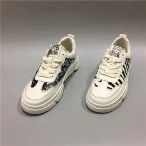 BOOPDO DESIGN MIXED PRINT LEATHER TRAINERS IN VANILLA