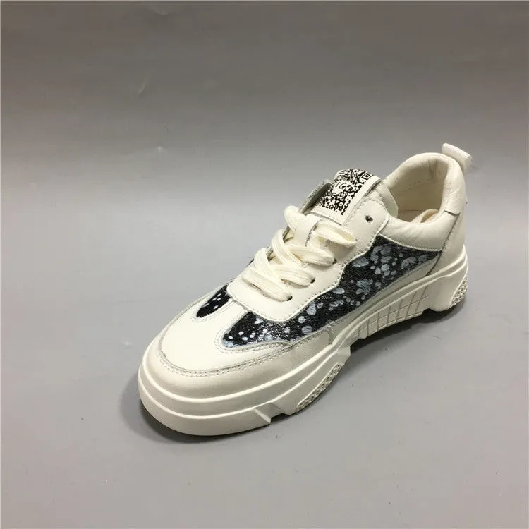 BOOPDO DESIGN MIXED PRINT LEATHER TRAINERS IN VANILLA