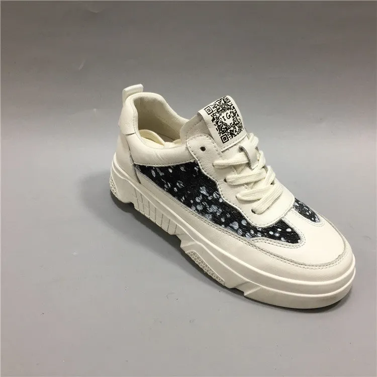 BOOPDO DESIGN MIXED PRINT LEATHER TRAINERS IN VANILLA