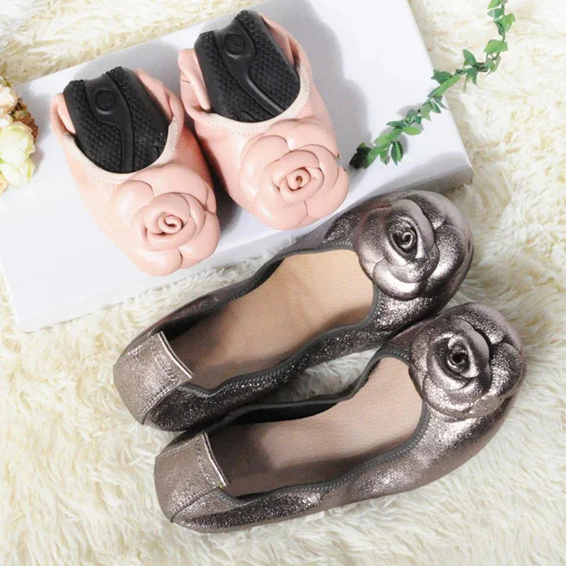 Camellia Genuine Leather Slip On Ballet Flats - Silver/41