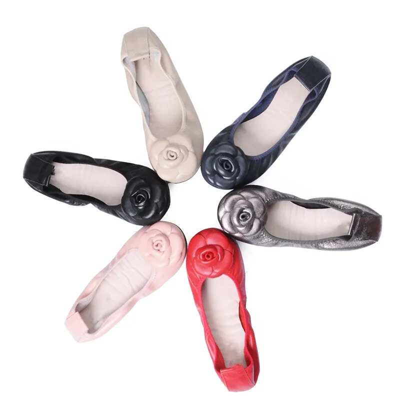 Camellia Genuine Leather Slip On Ballet Flats - Silver/41