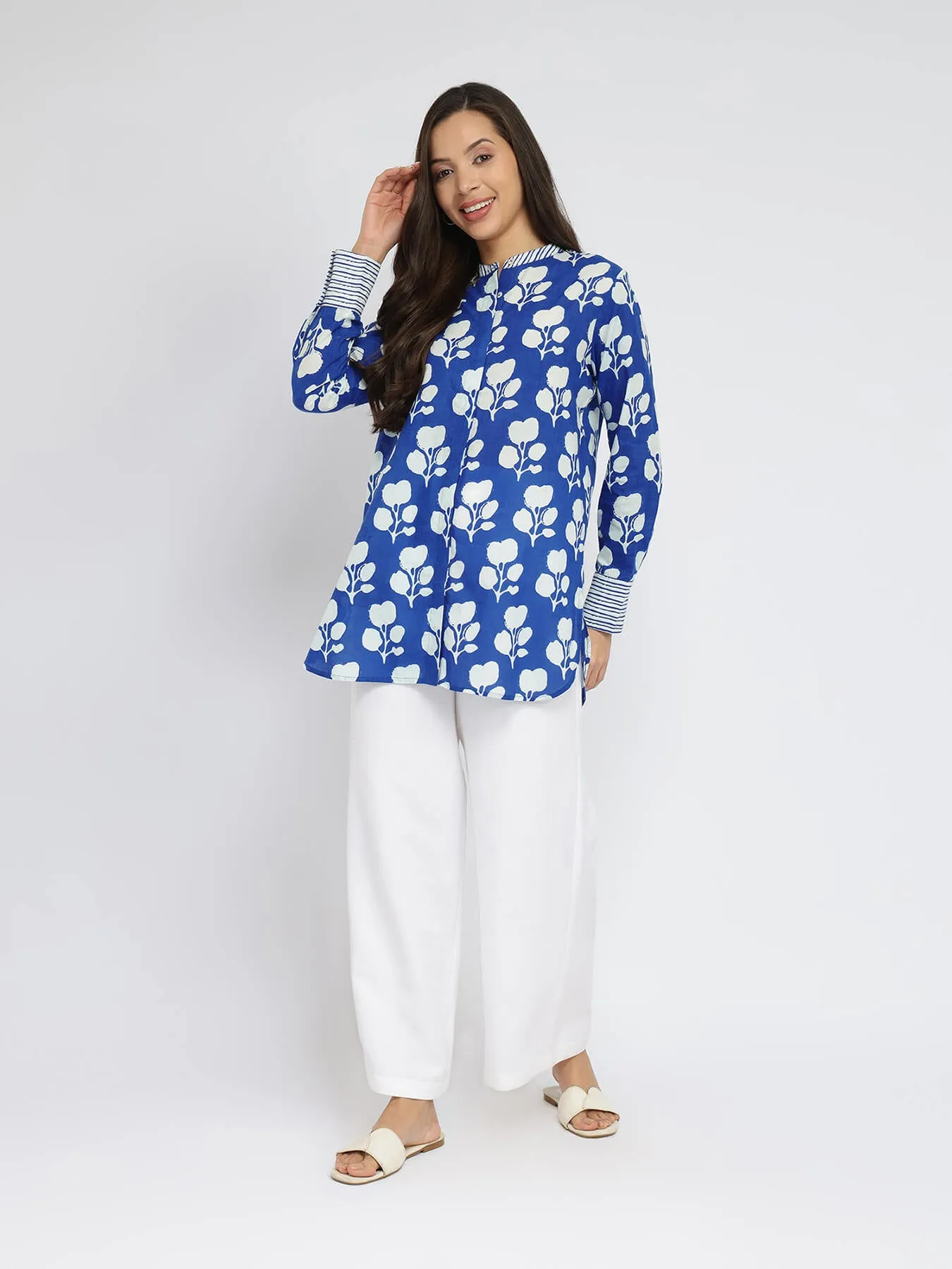 Cotton Floral & Striped Top - Blue & White