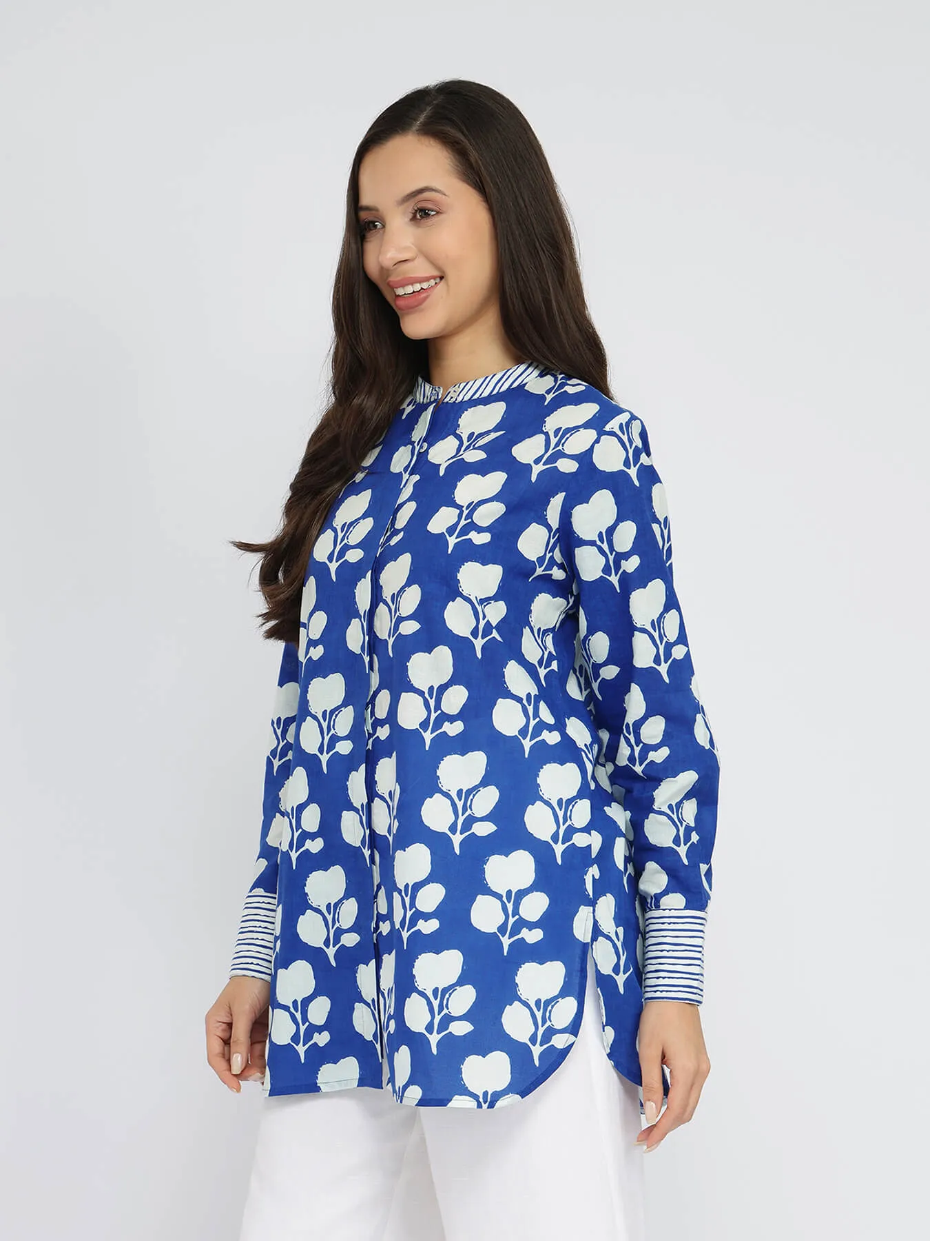 Cotton Floral & Striped Top - Blue & White