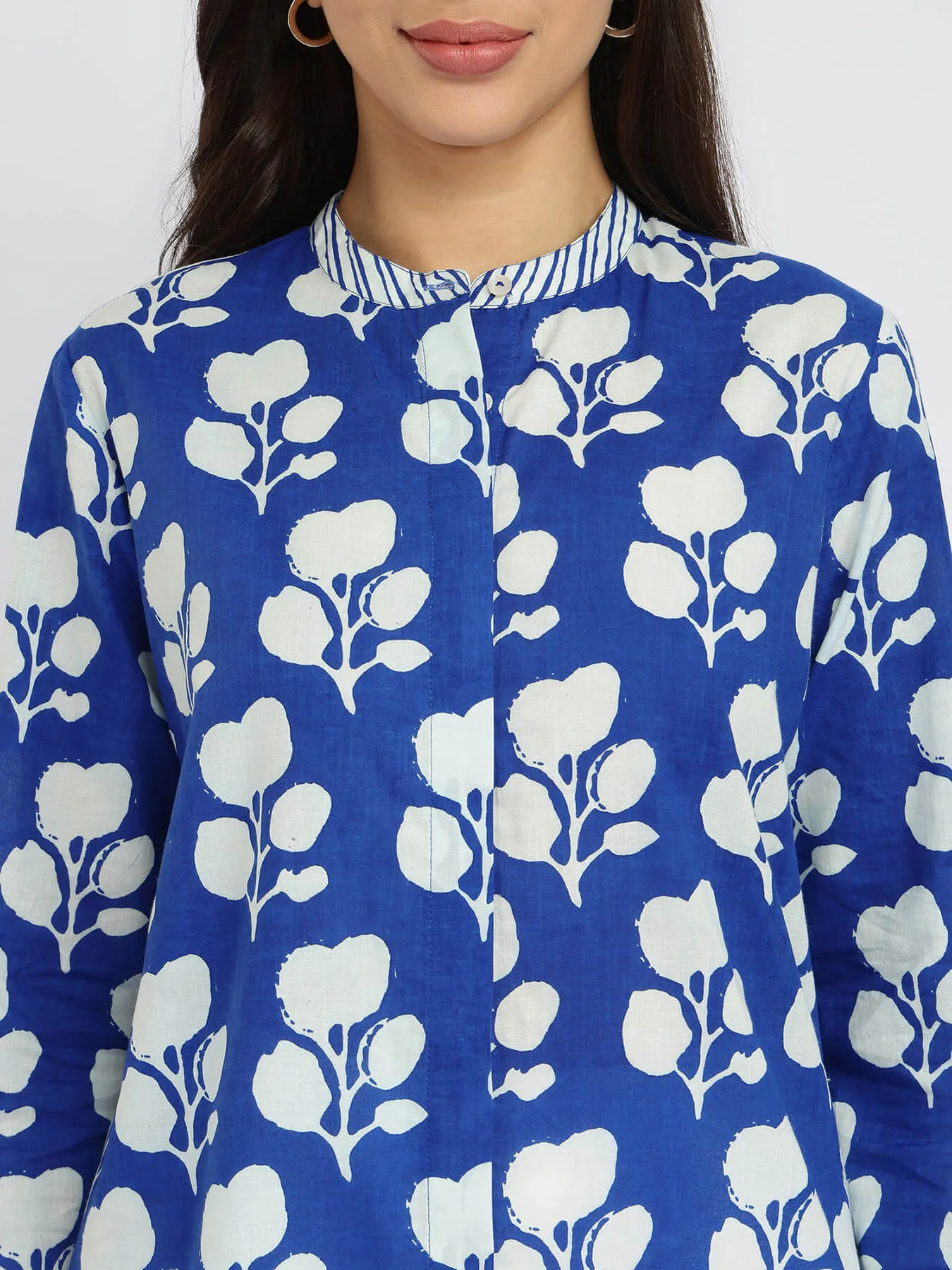 Cotton Floral & Striped Top - Blue & White