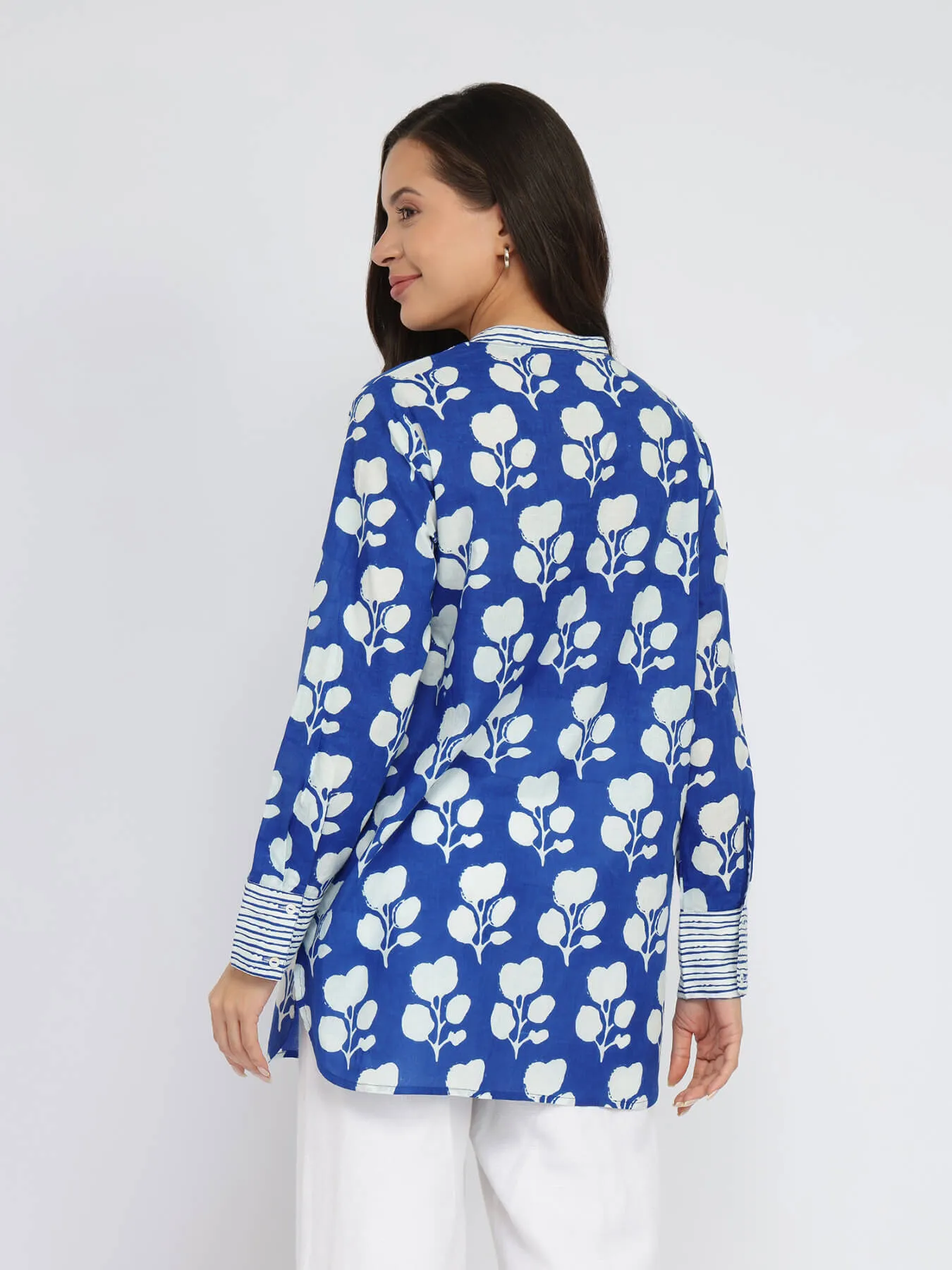 Cotton Floral & Striped Top - Blue & White