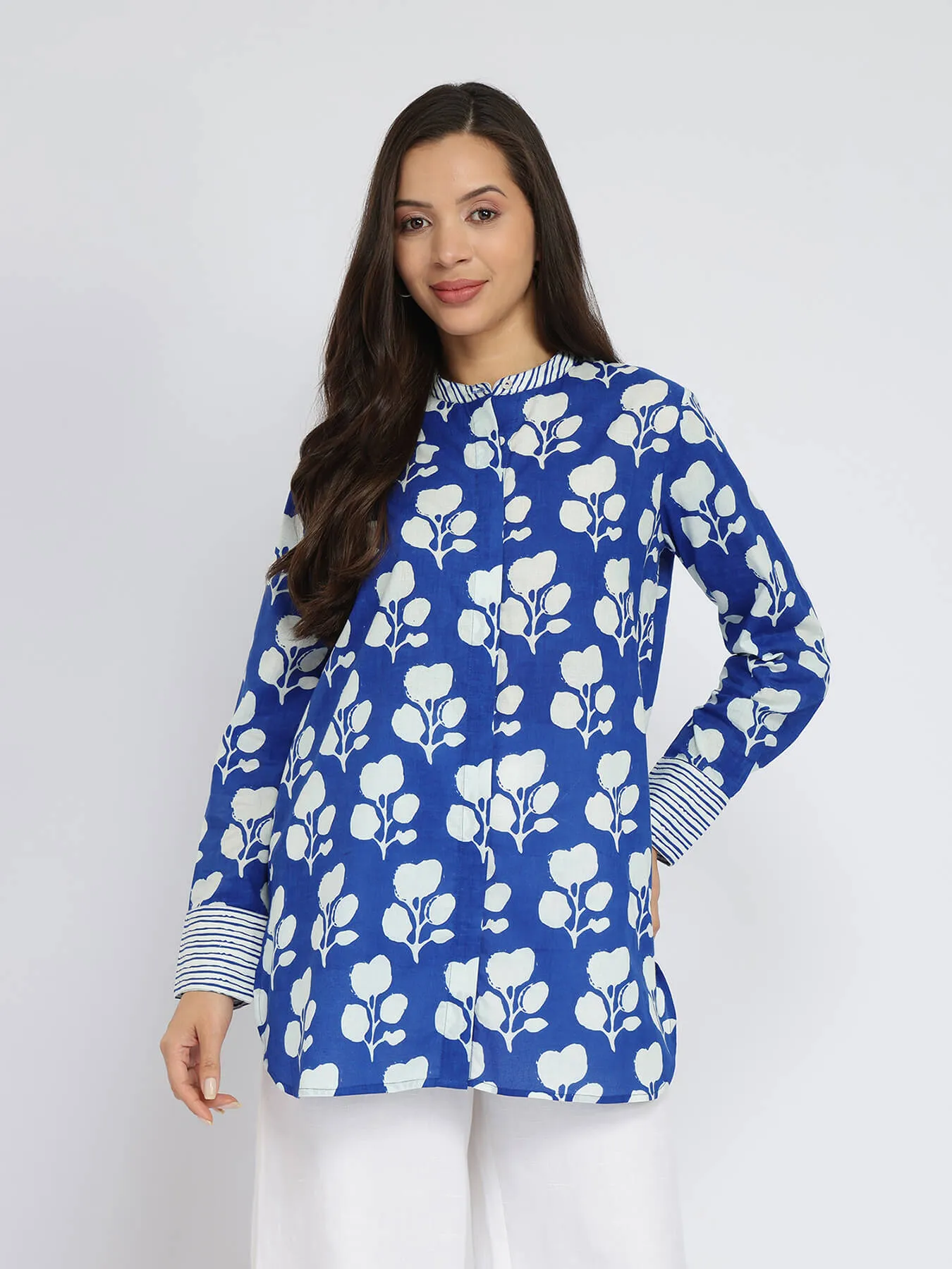 Cotton Floral & Striped Top - Blue & White