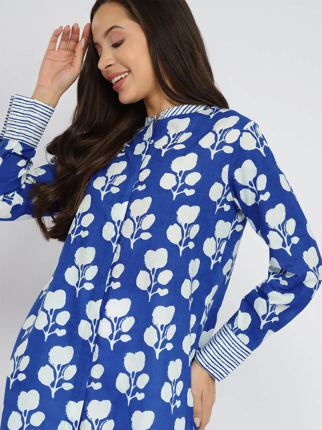Cotton Floral & Striped Top - Blue & White