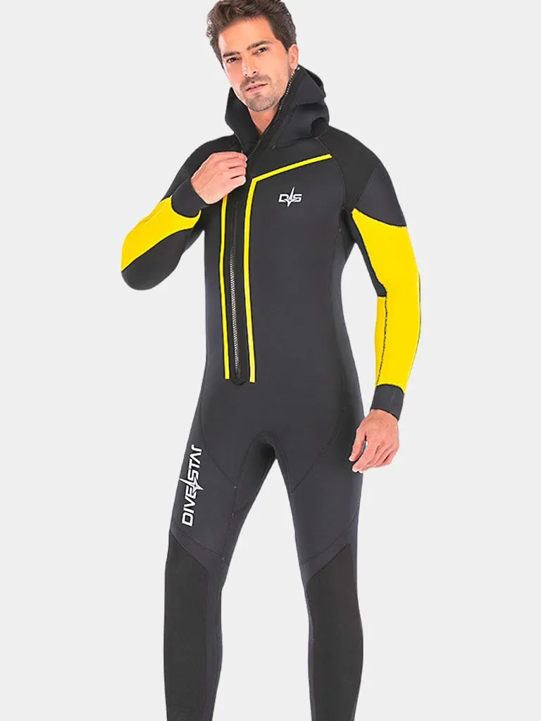 DIVESTAR Mens 7MM Semi-Dry Thermal Hooded Winter Wetsuit, Black & Yellow
