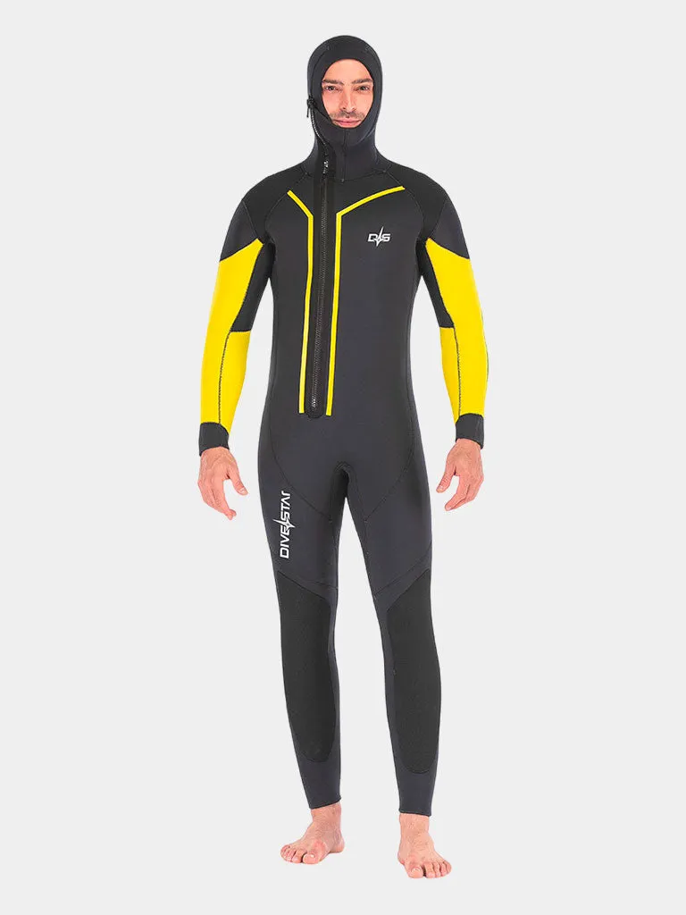 DIVESTAR Mens 7MM Semi-Dry Thermal Hooded Winter Wetsuit, Black & Yellow