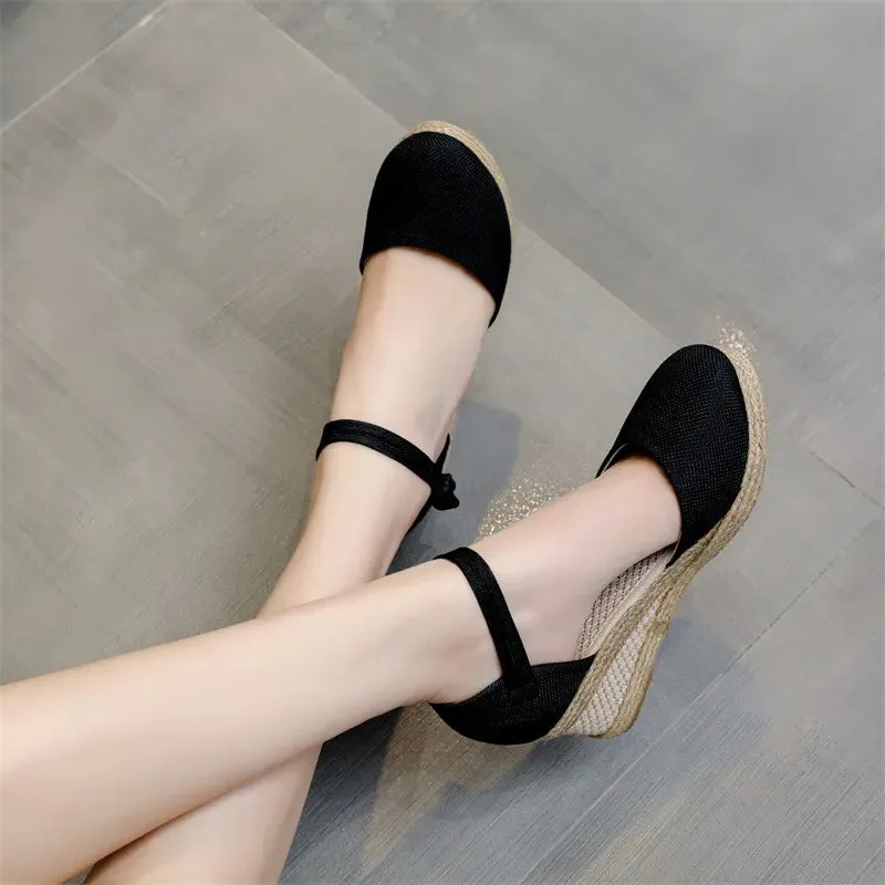 Elastische riem platform espadrilles schoenen met gesloten teen