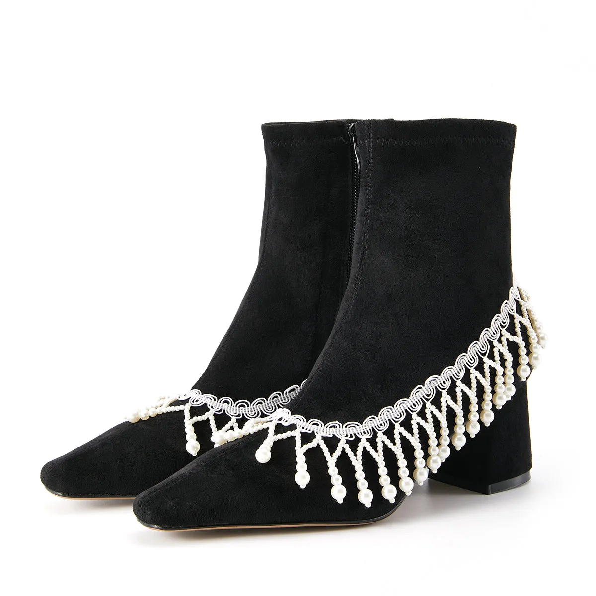 FEI original niche design pearl chain tassel boots ankle boots- Lona
