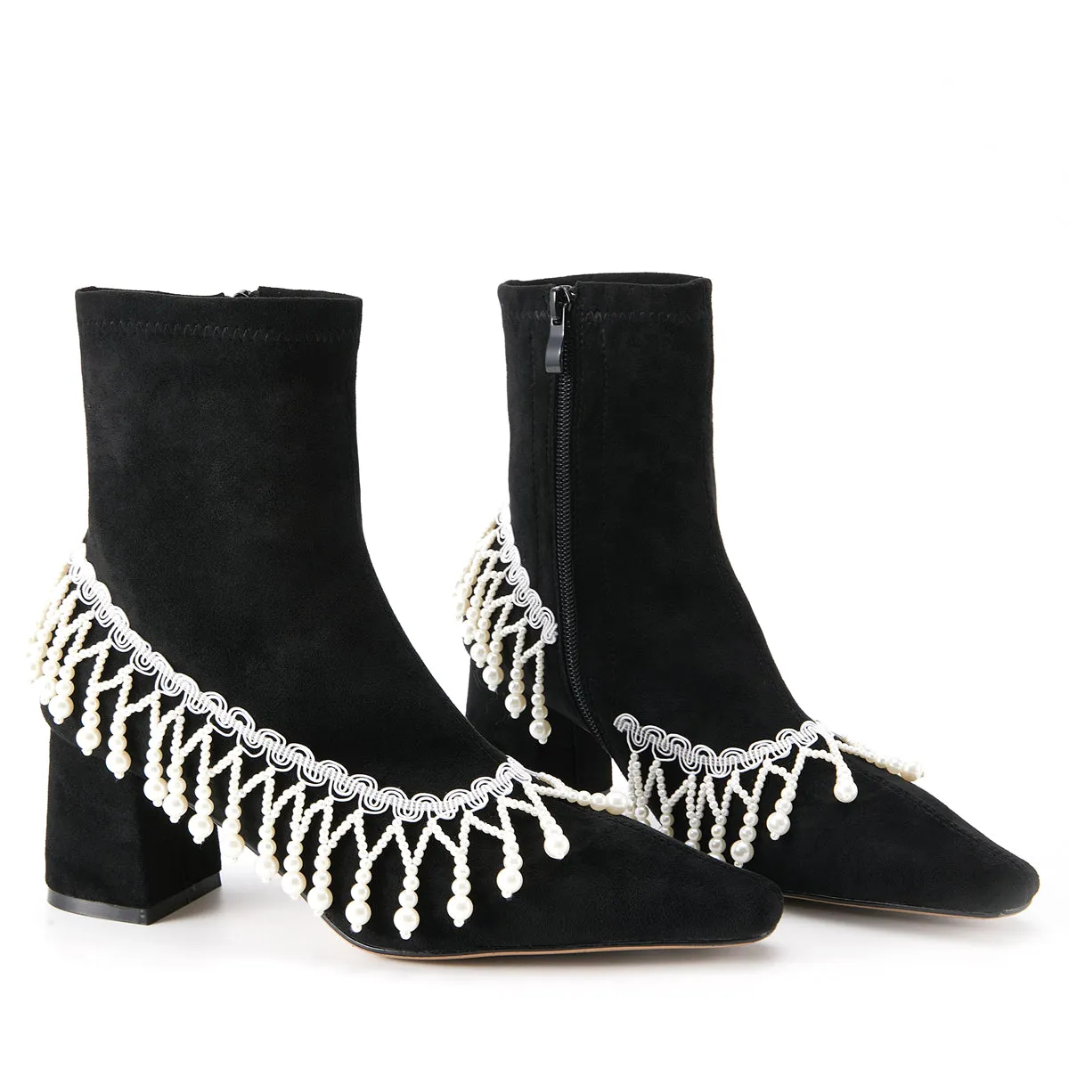 FEI original niche design pearl chain tassel boots ankle boots- Lona