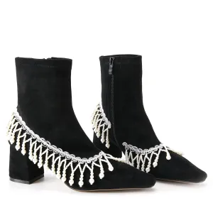 FEI original niche design pearl chain tassel boots ankle boots- Lona