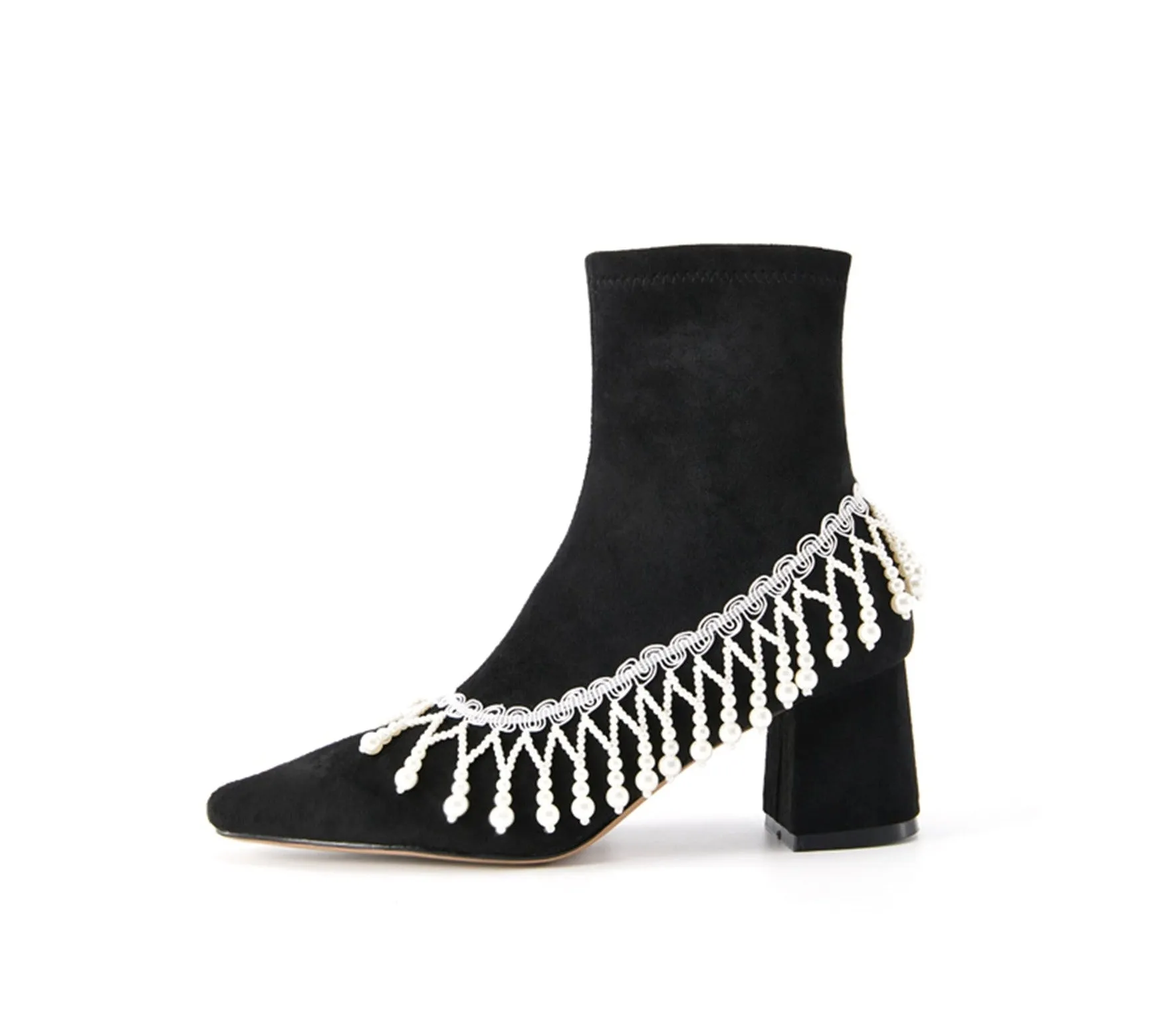 FEI original niche design pearl chain tassel boots ankle boots- Lona
