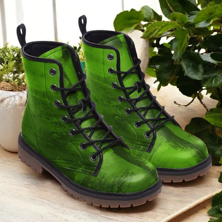 Forest Emerald Green Vegan Combat Boots| Fantasy Green Vegan Combat Boots| Gothic lace up boots| Witchy Faux Leather Shoes For Women| Men