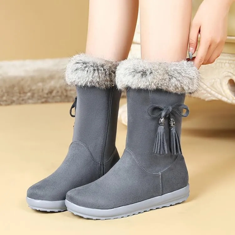 Fur Flat Round Toe Zipper Suede Calf Boots