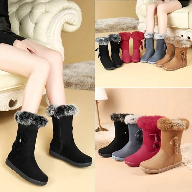 Fur Flat Round Toe Zipper Suede Calf Boots
