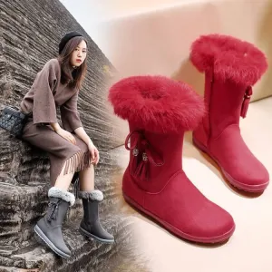 Fur Flat Round Toe Zipper Suede Calf Boots