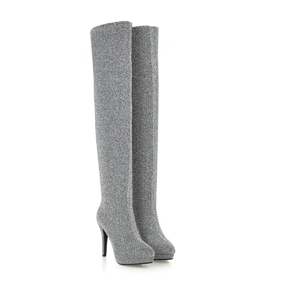 Gold silk bright face thin heel super high heel elastic knee high Boots