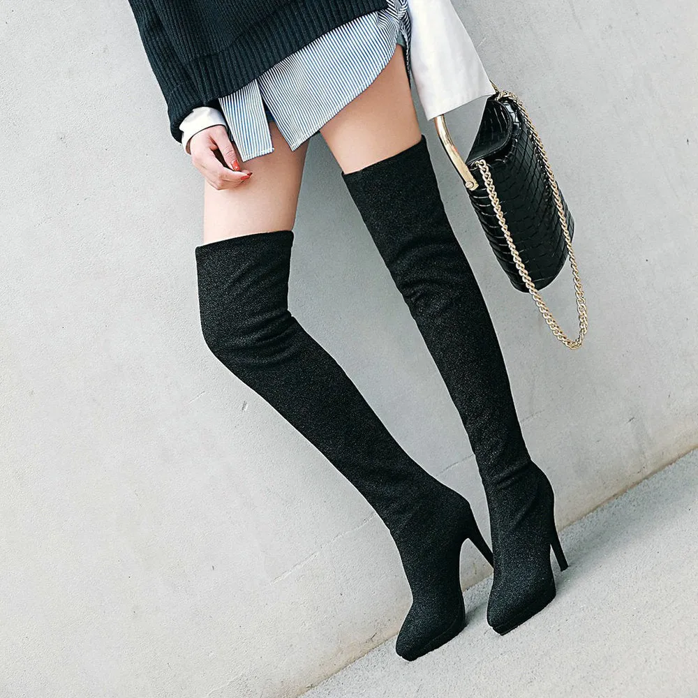 Gold silk bright face thin heel super high heel elastic knee high Boots