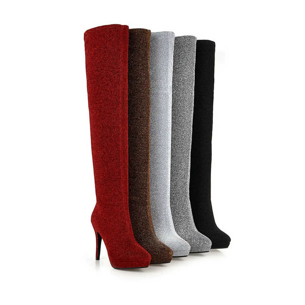 Gold silk bright face thin heel super high heel elastic knee high Boots