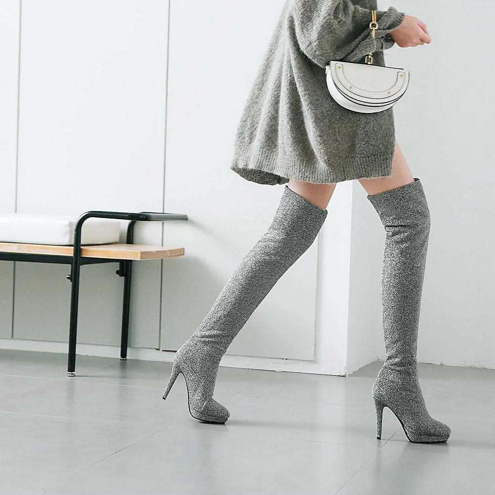 Gold silk bright face thin heel super high heel elastic knee high Boots
