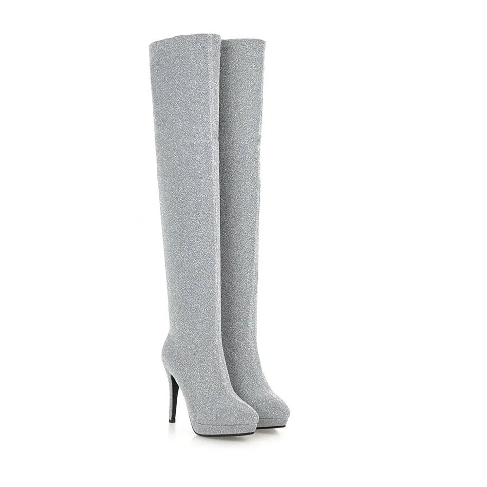 Gold silk bright face thin heel super high heel elastic knee high Boots