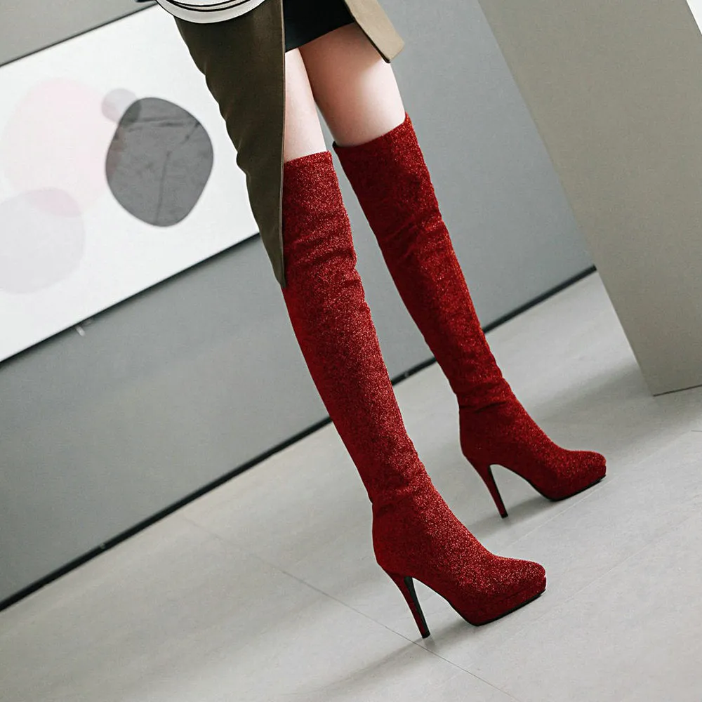 Gold silk bright face thin heel super high heel elastic knee high Boots