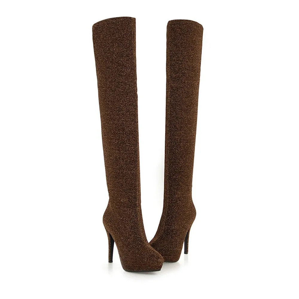 Gold silk bright face thin heel super high heel elastic knee high Boots