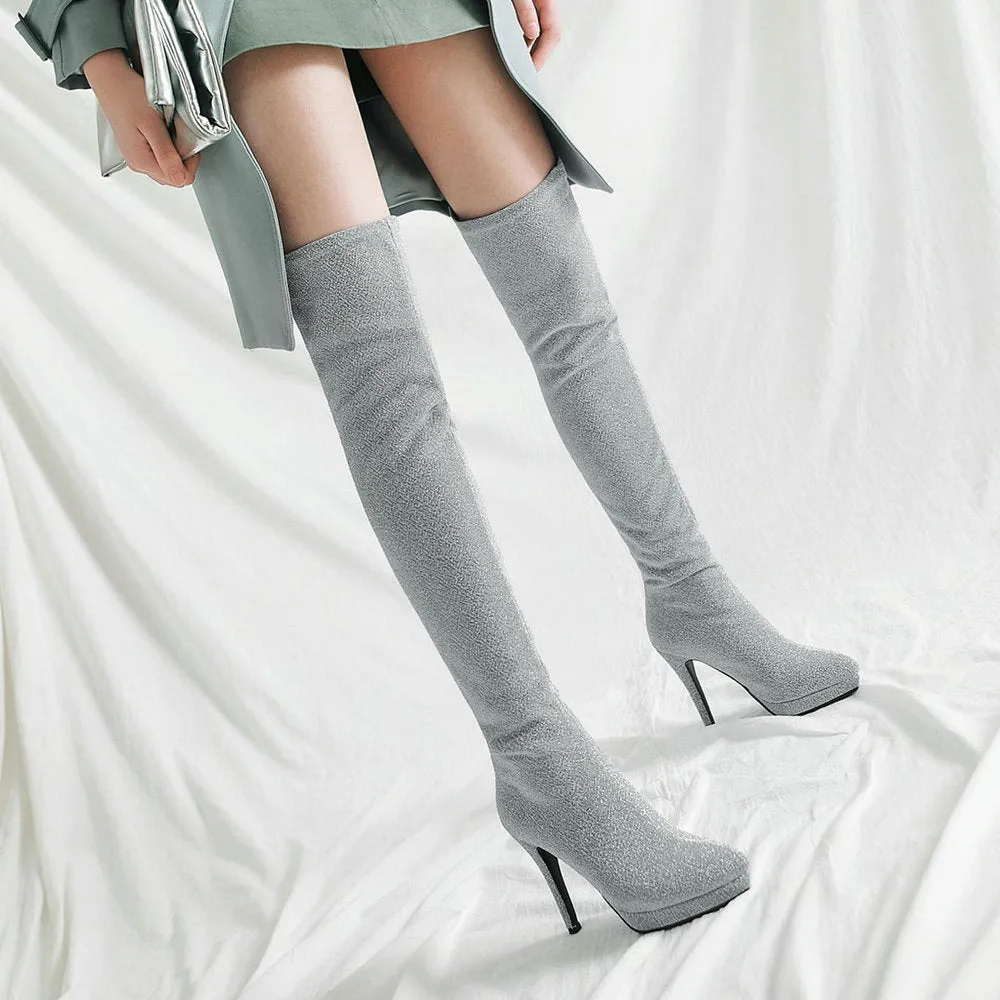 Gold silk bright face thin heel super high heel elastic knee high Boots