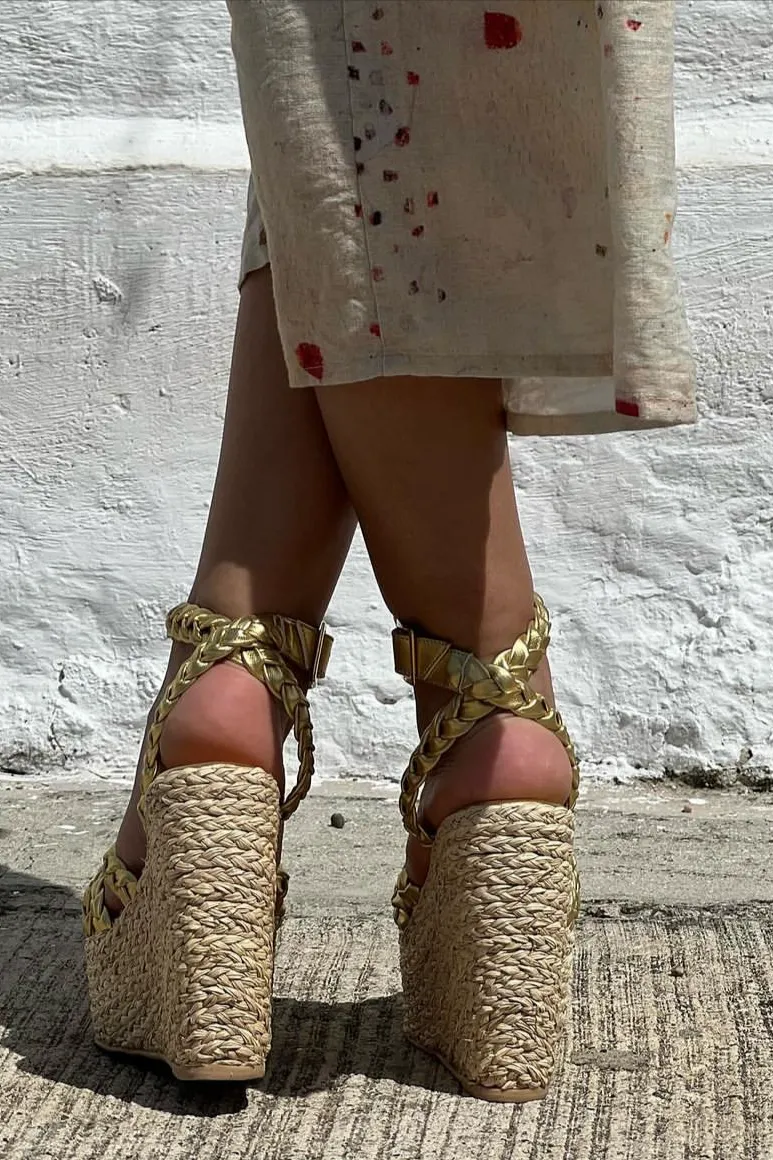 Golden Braided Platform Espadrilles