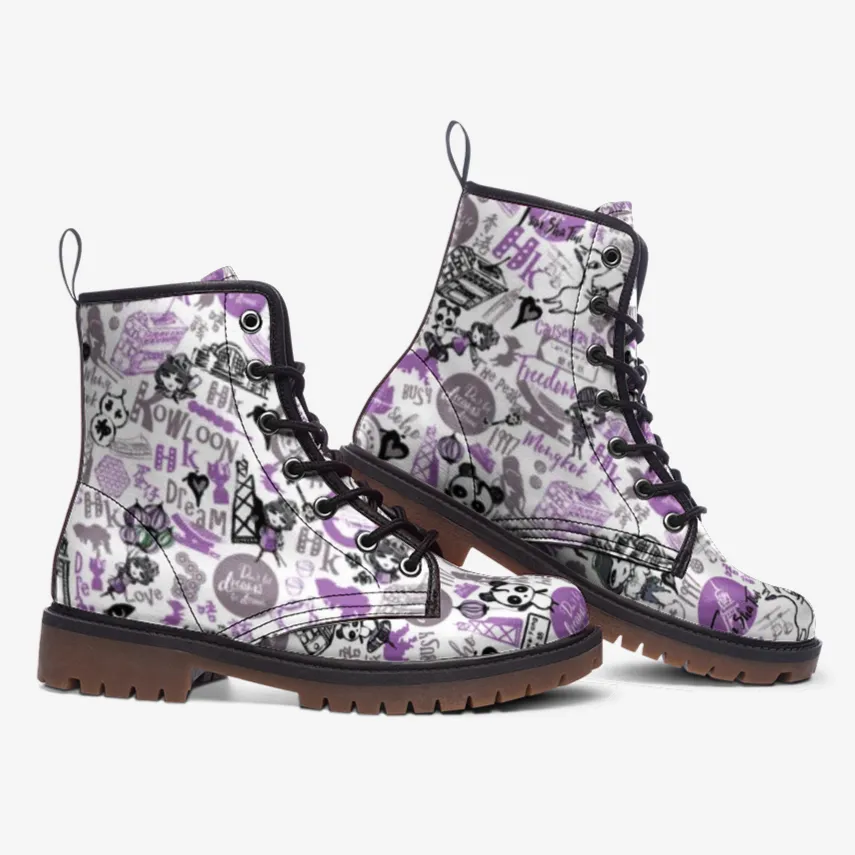 Graffiti Sketch Combat Boots| Cartoon Lace Up Boots| Funky Urban Scribble Boots| Playful Vegan Leather Shoes for Women| Men| Purple| White