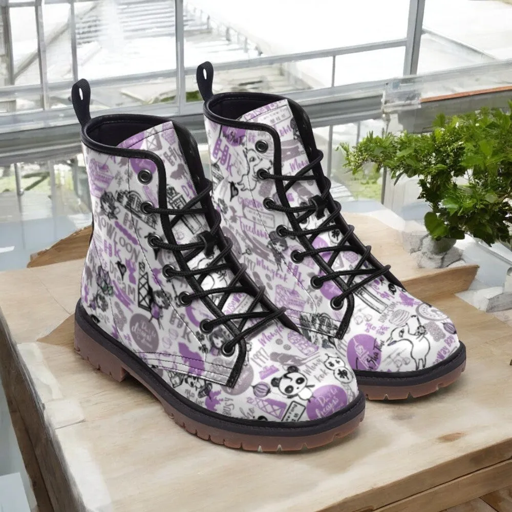 Graffiti Sketch Combat Boots| Cartoon Lace Up Boots| Funky Urban Scribble Boots| Playful Vegan Leather Shoes for Women| Men| Purple| White