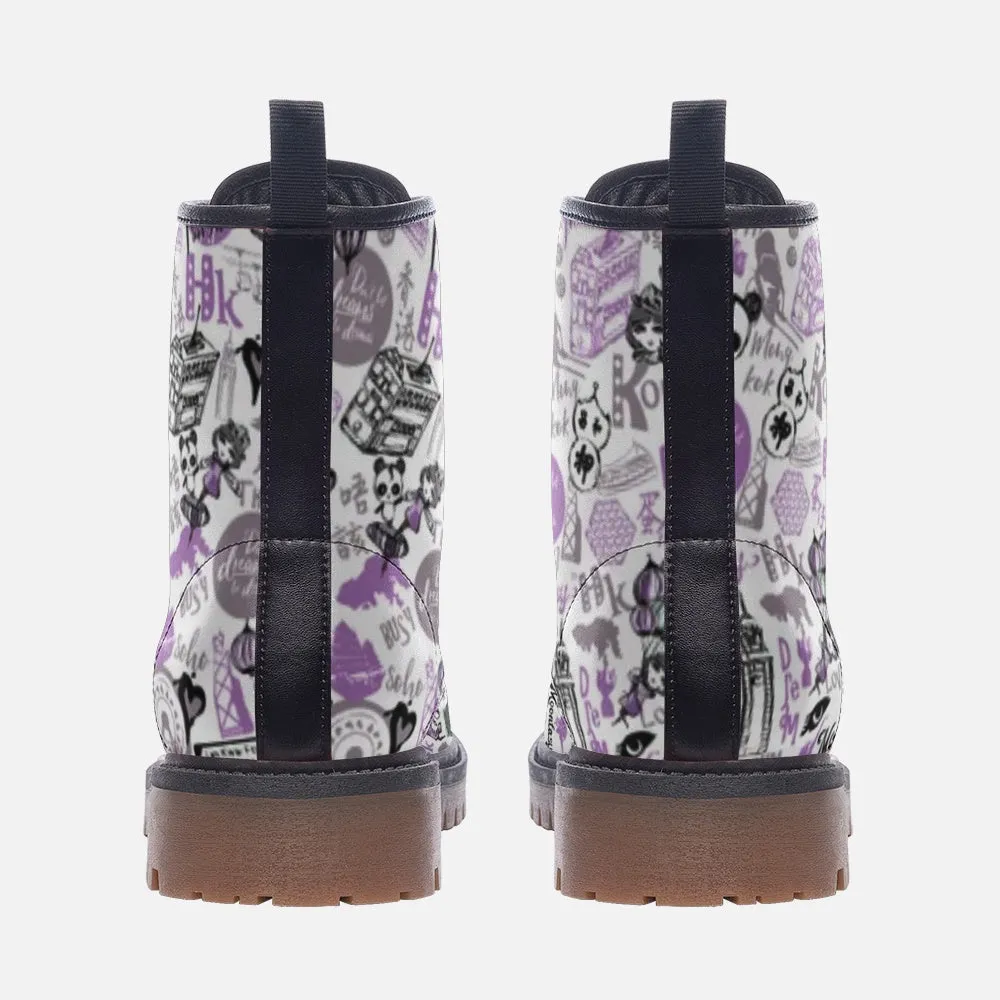 Graffiti Sketch Combat Boots| Cartoon Lace Up Boots| Funky Urban Scribble Boots| Playful Vegan Leather Shoes for Women| Men| Purple| White