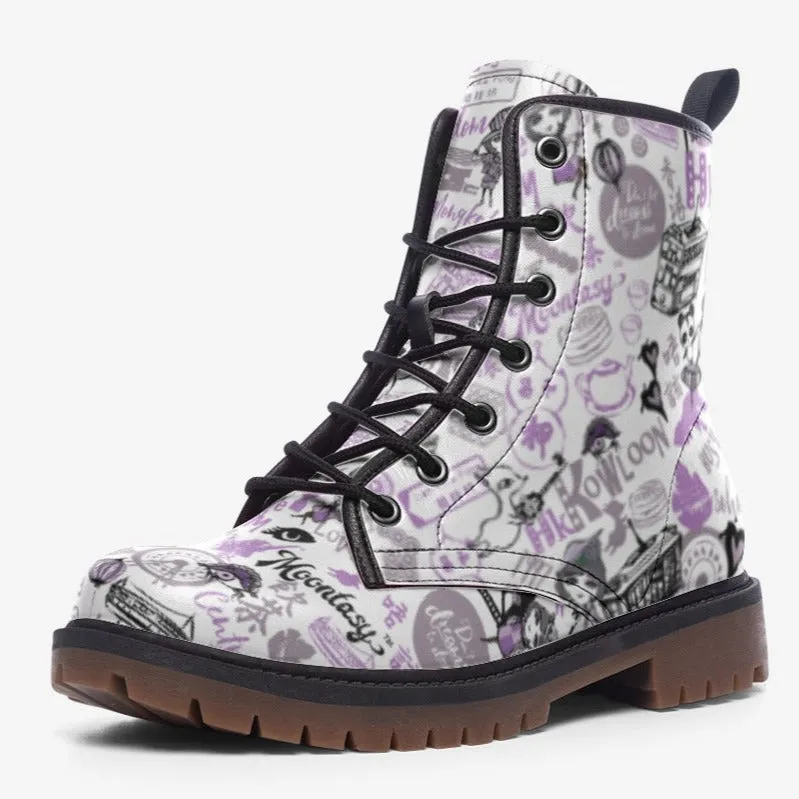 Graffiti Sketch Combat Boots| Cartoon Lace Up Boots| Funky Urban Scribble Boots| Playful Vegan Leather Shoes for Women| Men| Purple| White