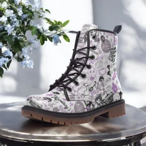 Graffiti Sketch Combat Boots| Cartoon Lace Up Boots| Funky Urban Scribble Boots| Playful Vegan Leather Shoes for Women| Men| Purple| White