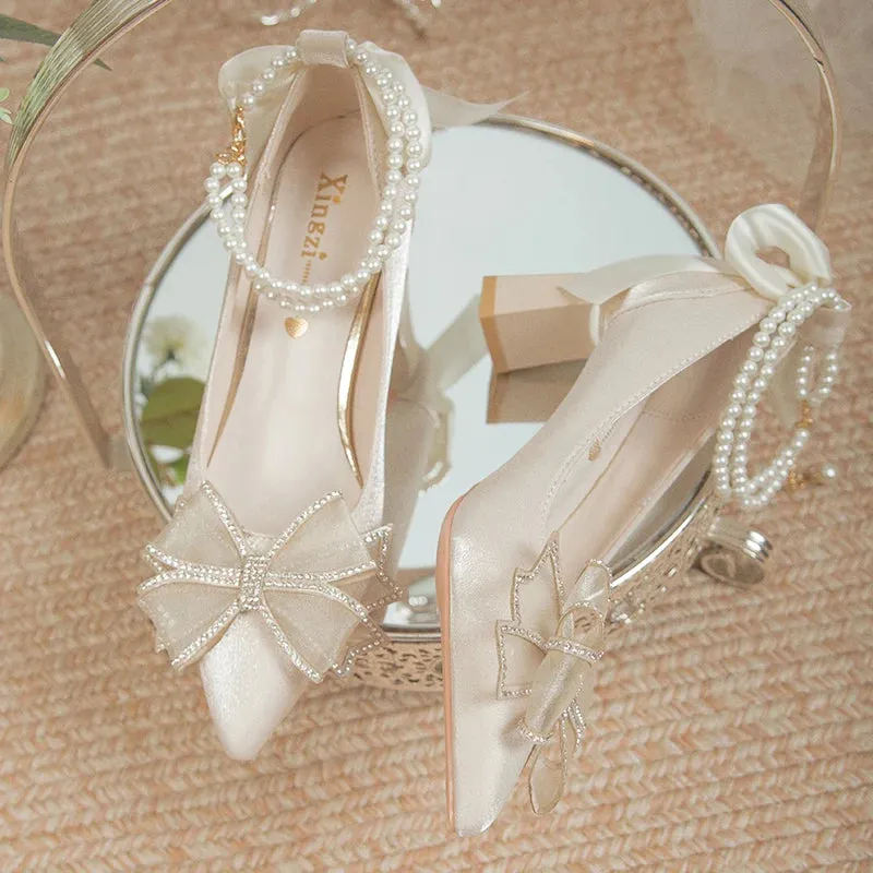 Hnzxzm Bridal Shoes 2024 New Flower High Heel Pumps Women Elegant Pearl Strap Wedding Party Shoes Woman Silk Pointed Toe