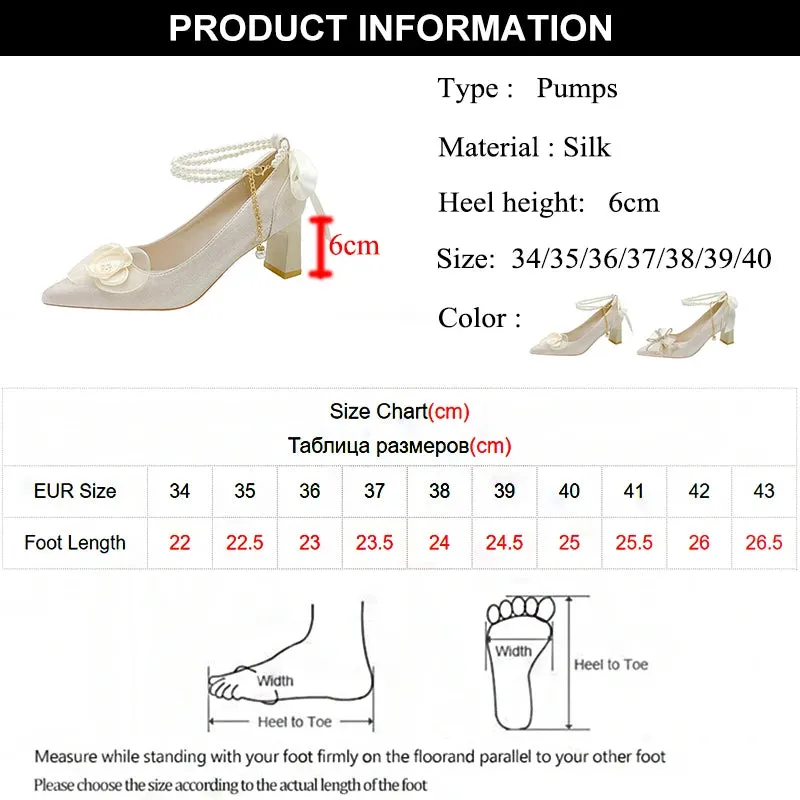 Hnzxzm Bridal Shoes 2024 New Flower High Heel Pumps Women Elegant Pearl Strap Wedding Party Shoes Woman Silk Pointed Toe